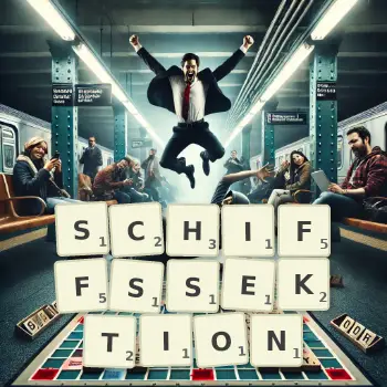 Kreative Illustration für ein Scrabble-Spiel, bei dem das Wort SCHIFFSSEKTION mit Steinen auf dem Brett gelegt wurde.