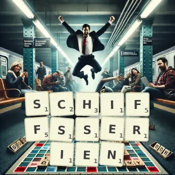 Kreative Illustration für ein Scrabble-Spiel, bei dem das Wort SCHIFFSSERIEN mit Steinen auf dem Brett gelegt wurde.