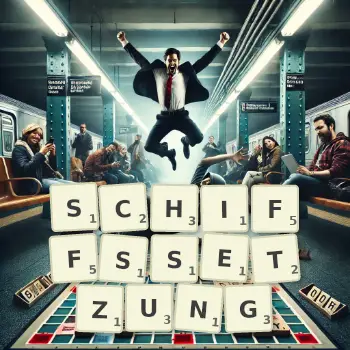 Kreative Illustration für ein Scrabble-Spiel, bei dem das Wort SCHIFFSSETZUNG mit Steinen auf dem Brett gelegt wurde.