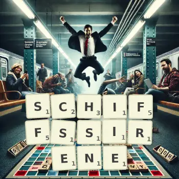 Kreative Illustration für ein Scrabble-Spiel, bei dem das Wort SCHIFFSSIRENE mit Steinen auf dem Brett gelegt wurde.