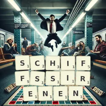 Kreative Illustration für ein Scrabble-Spiel, bei dem das Wort SCHIFFSSIRENEN mit Steinen auf dem Brett gelegt wurde.