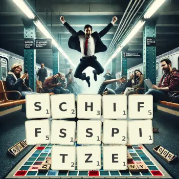 Kreative Illustration für ein Scrabble-Spiel, bei dem das Wort SCHIFFSSPITZE mit Steinen auf dem Brett gelegt wurde.
