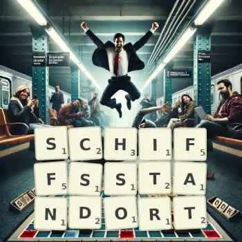 Kreative Illustration für ein Scrabble-Spiel, bei dem das Wort SCHIFFSSTANDORT mit Steinen auf dem Brett gelegt wurde.