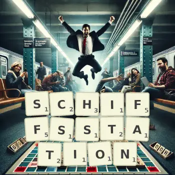Kreative Illustration für ein Scrabble-Spiel, bei dem das Wort SCHIFFSSTATION mit Steinen auf dem Brett gelegt wurde.