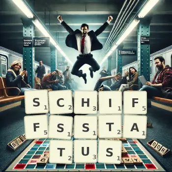 Kreative Illustration für ein Scrabble-Spiel, bei dem das Wort SCHIFFSSTATUS mit Steinen auf dem Brett gelegt wurde.