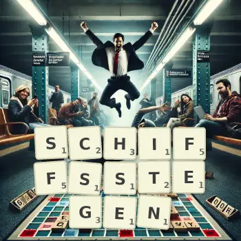 Kreative Illustration für ein Scrabble-Spiel, bei dem das Wort SCHIFFSSTEGEN mit Steinen auf dem Brett gelegt wurde.