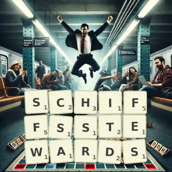 Kreative Illustration für ein Scrabble-Spiel, bei dem das Wort SCHIFFSSTEWARDS mit Steinen auf dem Brett gelegt wurde.