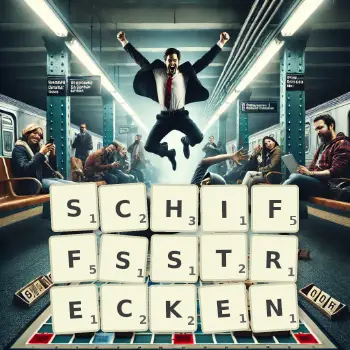 Kreative Illustration für ein Scrabble-Spiel, bei dem das Wort SCHIFFSSTRECKEN mit Steinen auf dem Brett gelegt wurde.
