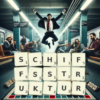 Kreative Illustration für ein Scrabble-Spiel, bei dem das Wort SCHIFFSSTRUKTUR mit Steinen auf dem Brett gelegt wurde.