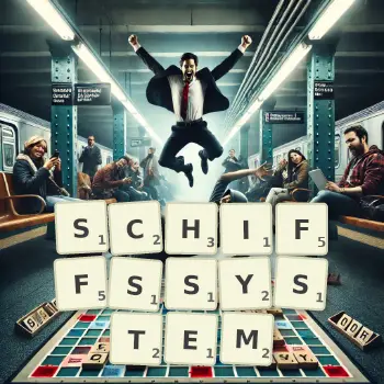 Kreative Illustration für ein Scrabble-Spiel, bei dem das Wort SCHIFFSSYSTEM mit Steinen auf dem Brett gelegt wurde.