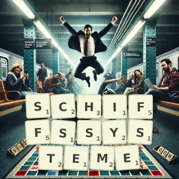 Kreative Illustration für ein Scrabble-Spiel, bei dem das Wort SCHIFFSSYSTEME mit Steinen auf dem Brett gelegt wurde.
