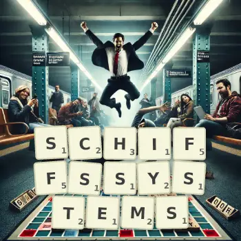 Kreative Illustration für ein Scrabble-Spiel, bei dem das Wort SCHIFFSSYSTEMS mit Steinen auf dem Brett gelegt wurde.