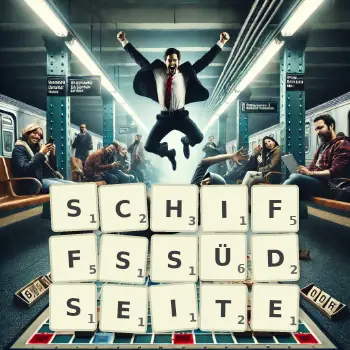 Kreative Illustration für ein Scrabble-Spiel, bei dem das Wort SCHIFFSSÜDSEITE mit Steinen auf dem Brett gelegt wurde.
