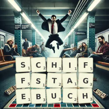 Kreative Illustration für ein Scrabble-Spiel, bei dem das Wort SCHIFFSTAGEBUCH mit Steinen auf dem Brett gelegt wurde.