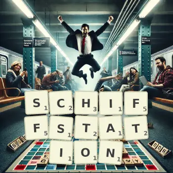 Kreative Illustration für ein Scrabble-Spiel, bei dem das Wort SCHIFFSTATION mit Steinen auf dem Brett gelegt wurde.