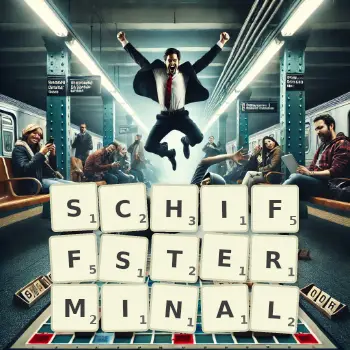 Kreative Illustration für ein Scrabble-Spiel, bei dem das Wort SCHIFFSTERMINAL mit Steinen auf dem Brett gelegt wurde.