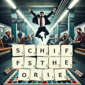 Kreative Illustration für ein Scrabble-Spiel, bei dem das Wort SCHIFFSTHEORIE mit Steinen auf dem Brett gelegt wurde.