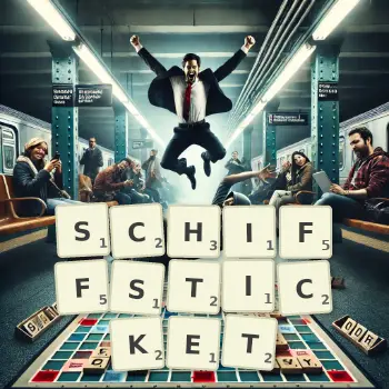 Kreative Illustration für ein Scrabble-Spiel, bei dem das Wort SCHIFFSTICKET mit Steinen auf dem Brett gelegt wurde.