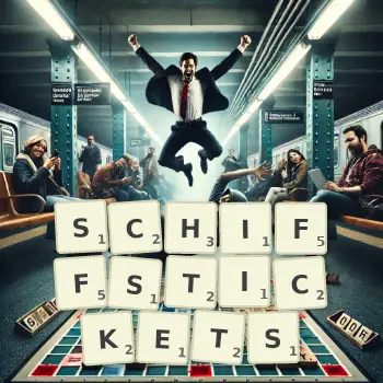 Kreative Illustration für ein Scrabble-Spiel, bei dem das Wort SCHIFFSTICKETS mit Steinen auf dem Brett gelegt wurde.