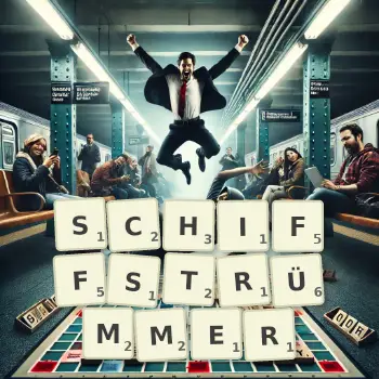 Kreative Illustration für ein Scrabble-Spiel, bei dem das Wort SCHIFFSTRÜMMER mit Steinen auf dem Brett gelegt wurde.