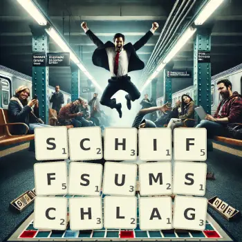 Kreative Illustration für ein Scrabble-Spiel, bei dem das Wort SCHIFFSUMSCHLAG mit Steinen auf dem Brett gelegt wurde.