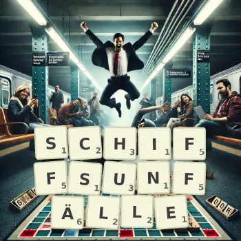 Kreative Illustration für ein Scrabble-Spiel, bei dem das Wort SCHIFFSUNFÄLLE mit Steinen auf dem Brett gelegt wurde.