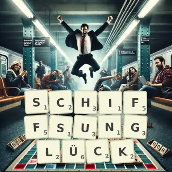 Kreative Illustration für ein Scrabble-Spiel, bei dem das Wort SCHIFFSUNGLÜCK mit Steinen auf dem Brett gelegt wurde.
