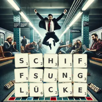 Kreative Illustration für ein Scrabble-Spiel, bei dem das Wort SCHIFFSUNGLÜCKE mit Steinen auf dem Brett gelegt wurde.