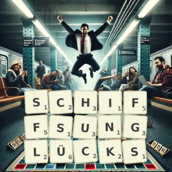 Kreative Illustration für ein Scrabble-Spiel, bei dem das Wort SCHIFFSUNGLÜCKS mit Steinen auf dem Brett gelegt wurde.