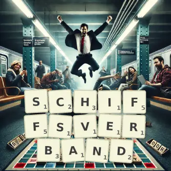 Kreative Illustration für ein Scrabble-Spiel, bei dem das Wort SCHIFFSVERBAND mit Steinen auf dem Brett gelegt wurde.