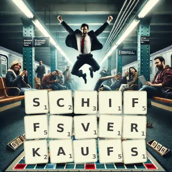 Kreative Illustration für ein Scrabble-Spiel, bei dem das Wort SCHIFFSVERKAUFS mit Steinen auf dem Brett gelegt wurde.