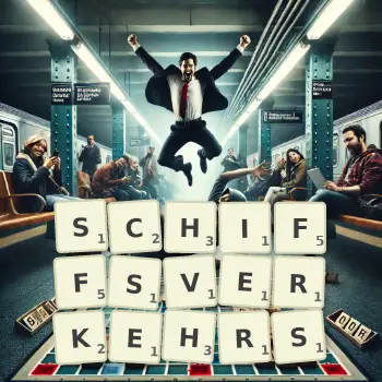 Kreative Illustration für ein Scrabble-Spiel, bei dem das Wort SCHIFFSVERKEHRS mit Steinen auf dem Brett gelegt wurde.