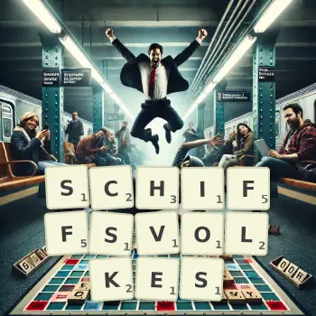 Kreative Illustration für ein Scrabble-Spiel, bei dem das Wort SCHIFFSVOLKES mit Steinen auf dem Brett gelegt wurde.