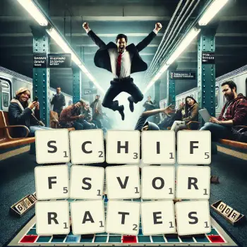 Kreative Illustration für ein Scrabble-Spiel, bei dem das Wort SCHIFFSVORRATES mit Steinen auf dem Brett gelegt wurde.