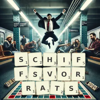 Kreative Illustration für ein Scrabble-Spiel, bei dem das Wort SCHIFFSVORRATS mit Steinen auf dem Brett gelegt wurde.