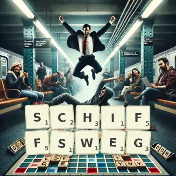 Kreative Illustration für ein Scrabble-Spiel, bei dem das Wort SCHIFFSWEG mit Steinen auf dem Brett gelegt wurde.