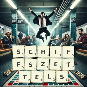 Kreative Illustration für ein Scrabble-Spiel, bei dem das Wort SCHIFFSZETTELS mit Steinen auf dem Brett gelegt wurde.