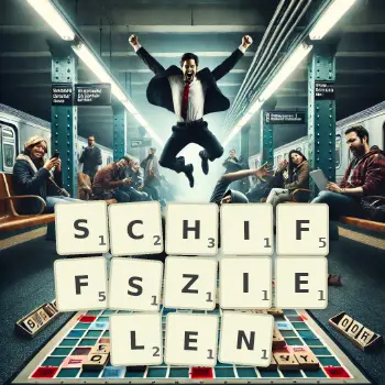 Kreative Illustration für ein Scrabble-Spiel, bei dem das Wort SCHIFFSZIELEN mit Steinen auf dem Brett gelegt wurde.