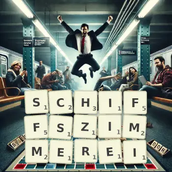 Kreative Illustration für ein Scrabble-Spiel, bei dem das Wort SCHIFFSZIMMEREI mit Steinen auf dem Brett gelegt wurde.