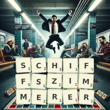 Kreative Illustration für ein Scrabble-Spiel, bei dem das Wort SCHIFFSZIMMERER mit Steinen auf dem Brett gelegt wurde.