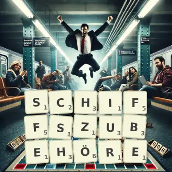 Kreative Illustration für ein Scrabble-Spiel, bei dem das Wort SCHIFFSZUBEHÖRE mit Steinen auf dem Brett gelegt wurde.