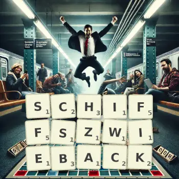 Kreative Illustration für ein Scrabble-Spiel, bei dem das Wort SCHIFFSZWIEBACK mit Steinen auf dem Brett gelegt wurde.