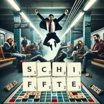 Kreative Illustration für ein Scrabble-Spiel, bei dem das Wort SCHIFFTE mit Steinen auf dem Brett gelegt wurde.