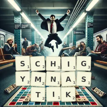 Kreative Illustration für ein Scrabble-Spiel, bei dem das Wort SCHIGYMNASTIK mit Steinen auf dem Brett gelegt wurde.