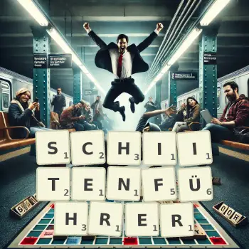 Kreative Illustration für ein Scrabble-Spiel, bei dem das Wort SCHIITENFÜHRER mit Steinen auf dem Brett gelegt wurde.