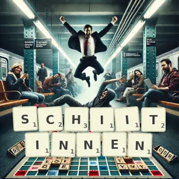 Kreative Illustration für ein Scrabble-Spiel, bei dem das Wort SCHIITINNEN mit Steinen auf dem Brett gelegt wurde.