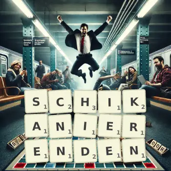 Kreative Illustration für ein Scrabble-Spiel, bei dem das Wort SCHIKANIERENDEN mit Steinen auf dem Brett gelegt wurde.