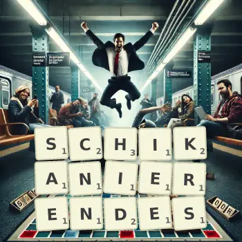 Kreative Illustration für ein Scrabble-Spiel, bei dem das Wort SCHIKANIERENDES mit Steinen auf dem Brett gelegt wurde.