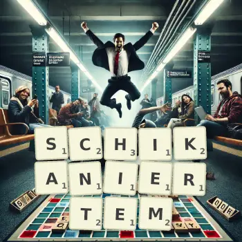 Kreative Illustration für ein Scrabble-Spiel, bei dem das Wort SCHIKANIERTEM mit Steinen auf dem Brett gelegt wurde.