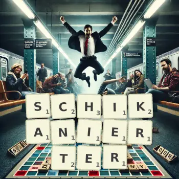 Kreative Illustration für ein Scrabble-Spiel, bei dem das Wort SCHIKANIERTER mit Steinen auf dem Brett gelegt wurde.